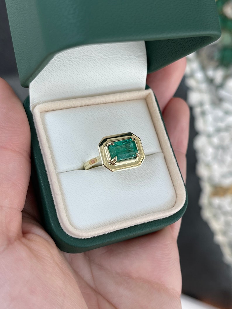 2.30ct 14K Natural East to West Dark Forest Green Emerald Cut Solitaire Yellow Gold Ring - JR Colombian Emeralds