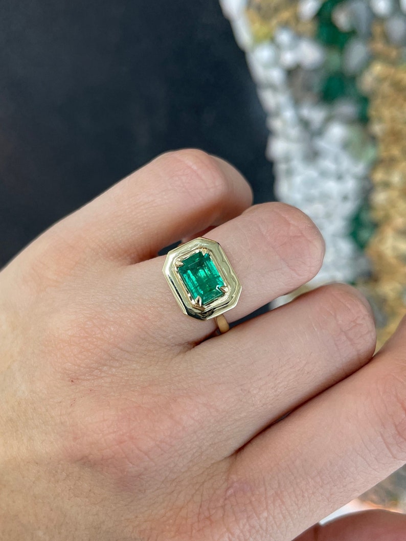 2.30ct 14K Natural East to West Dark Forest Green Emerald Cut Solitaire Yellow Gold Ring - JR Colombian Emeralds