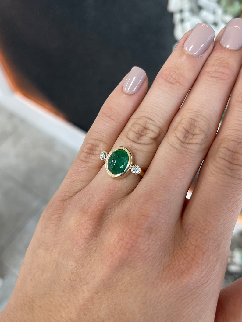 5.94tcw 14K Oval Emerald Cabochon & Diamond Vertically Set Dark Green Three Stone Gold Ring - JR Colombian Emeralds