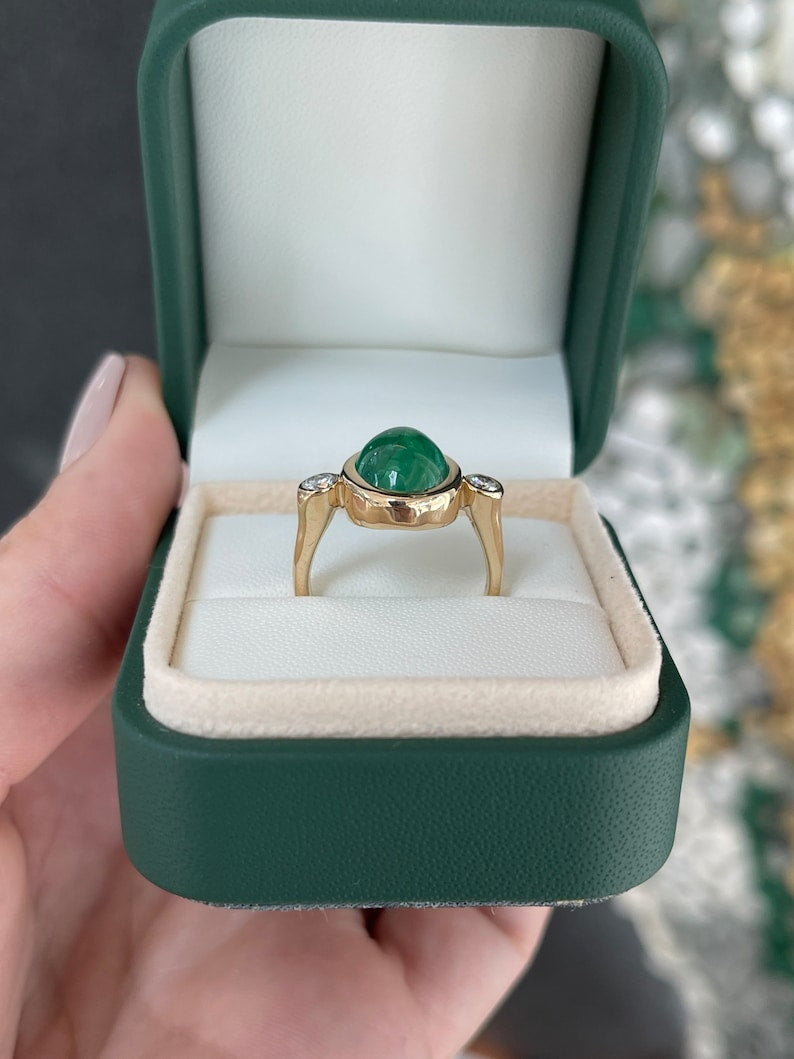 5.94tcw 14K Oval Emerald Cabochon & Diamond Vertically Set Dark Green Three Stone Gold Ring