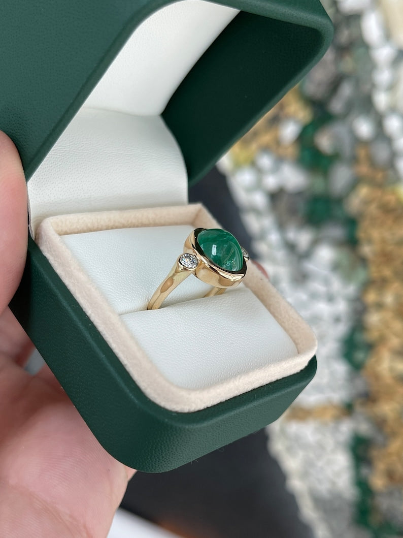 5.94tcw 14K Oval Emerald Cabochon & Diamond Vertically Set Dark Green Three Stone Gold Ring - JR Colombian Emeralds