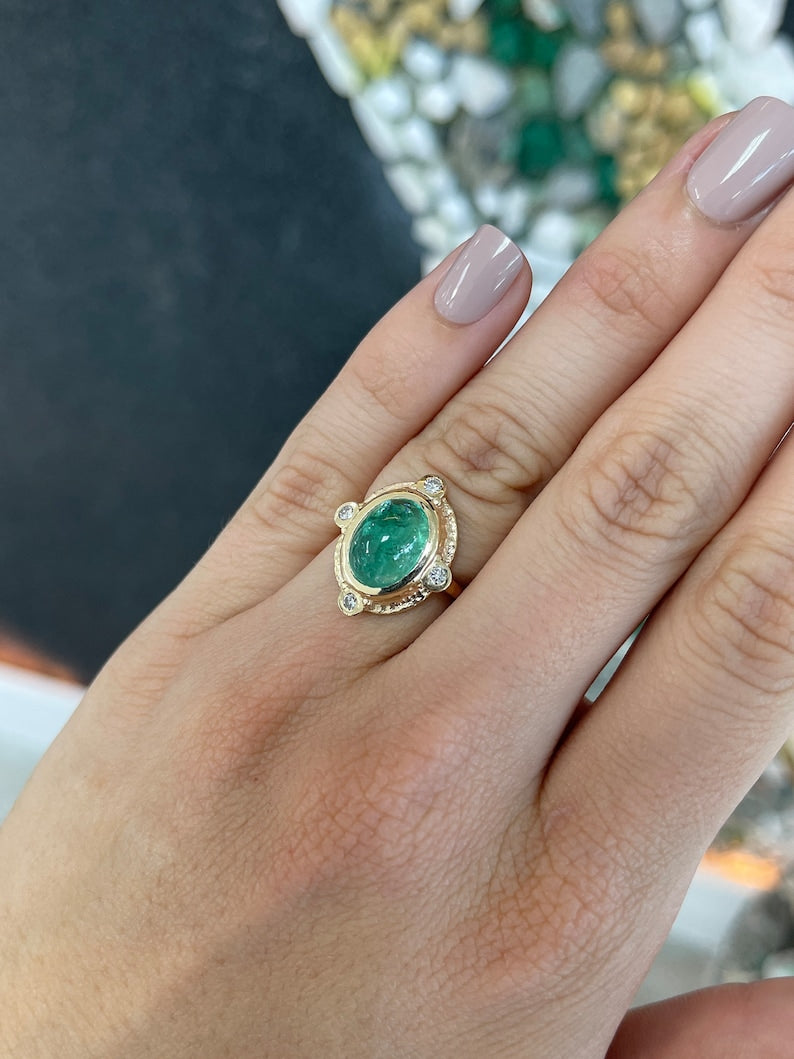 5.45tcw 14K Rare Oval Cabochon Cut Medium Bluish Green Vintage Styled Emerald & Diamond Accent Ring - JR Colombian Emeralds