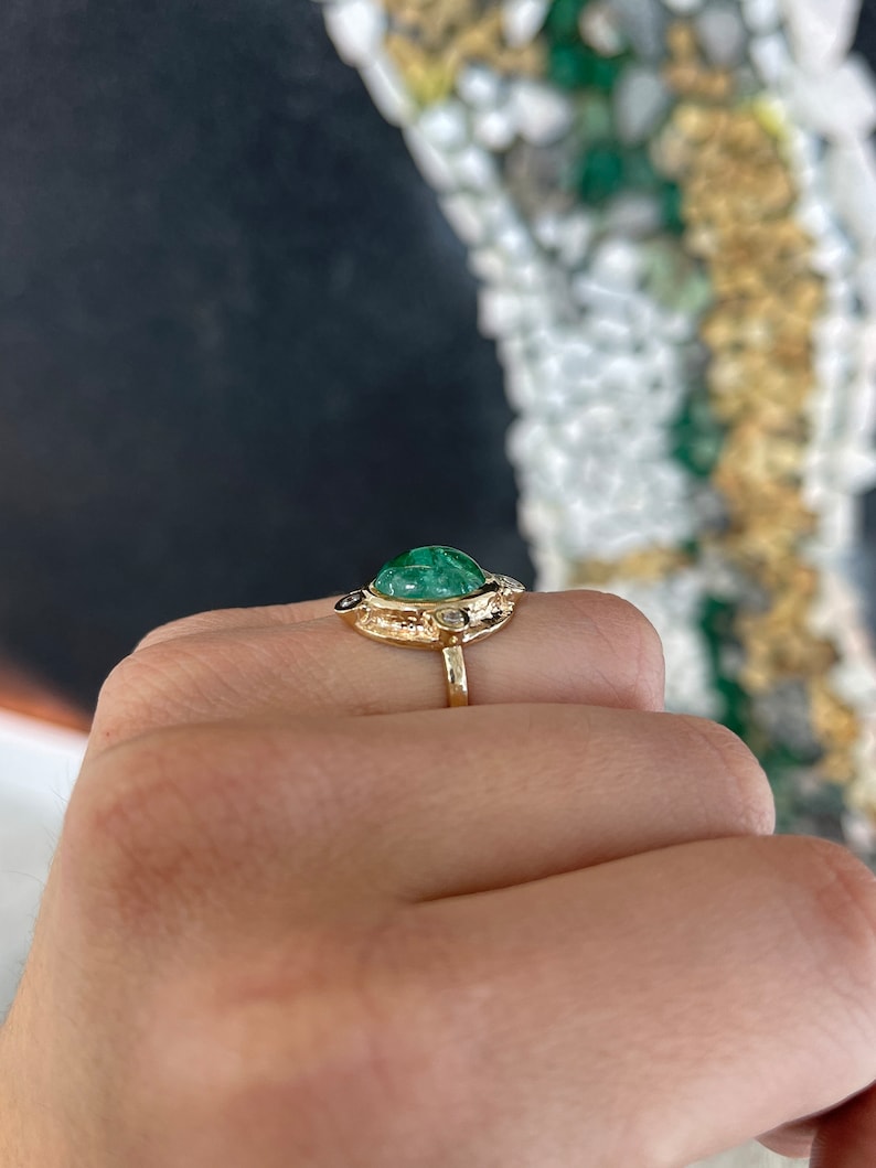 5.45tcw 14K Rare Oval Cabochon Cut Medium Bluish Green Vintage Styled Emerald & Diamond Accent Ring - JR Colombian Emeralds