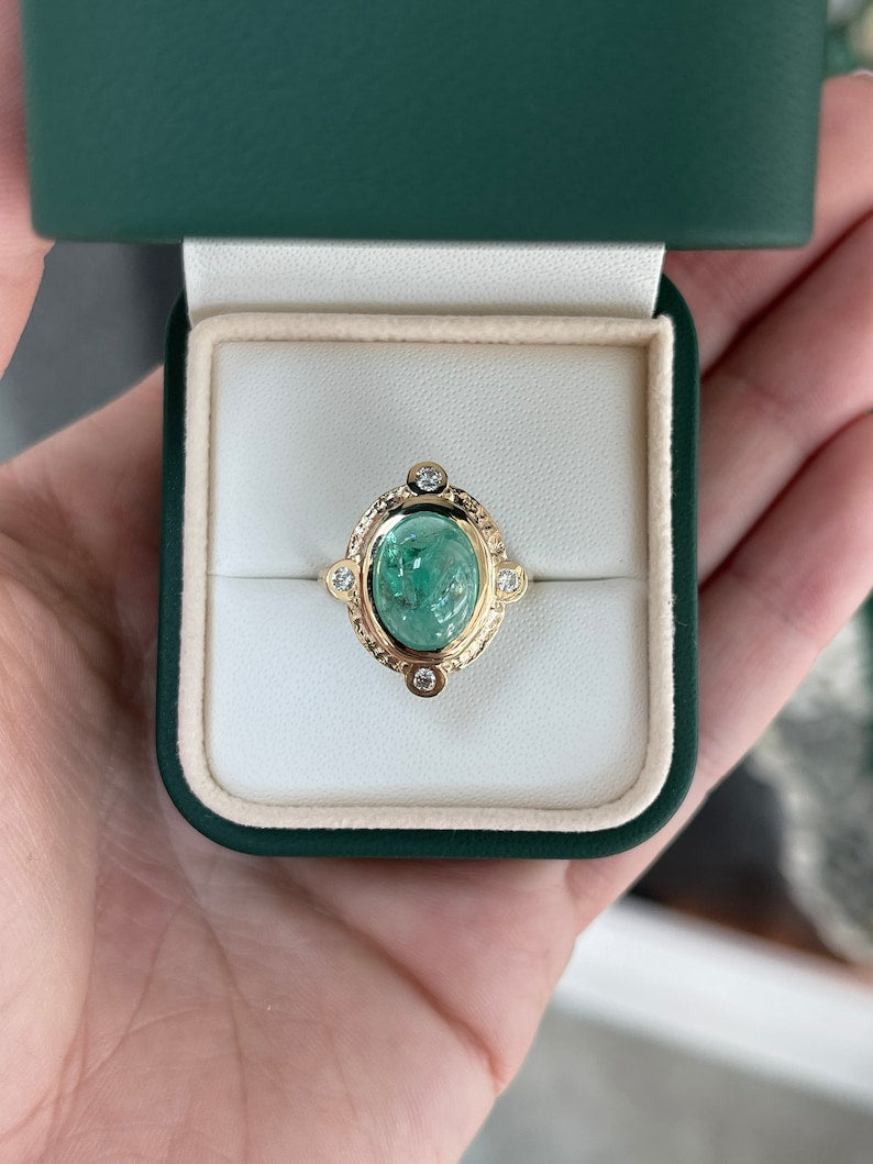 5.45tcw 14K Rare Oval Cabochon Cut Medium Bluish Green Vintage Styled Emerald & Diamond Accent Ring - JR Colombian Emeralds