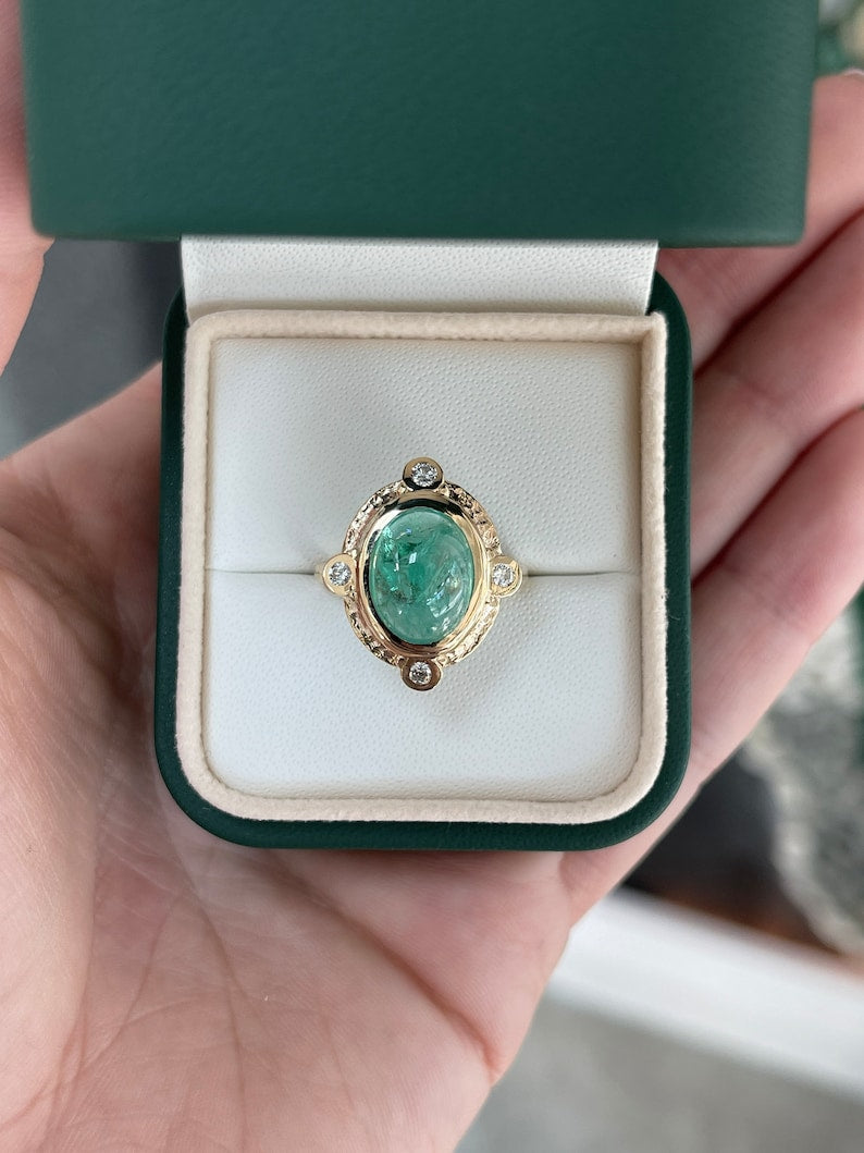 5.45tcw 14K Rare Oval Cabochon Cut Medium Bluish Green Vintage Styled Emerald & Diamond Accent Ring