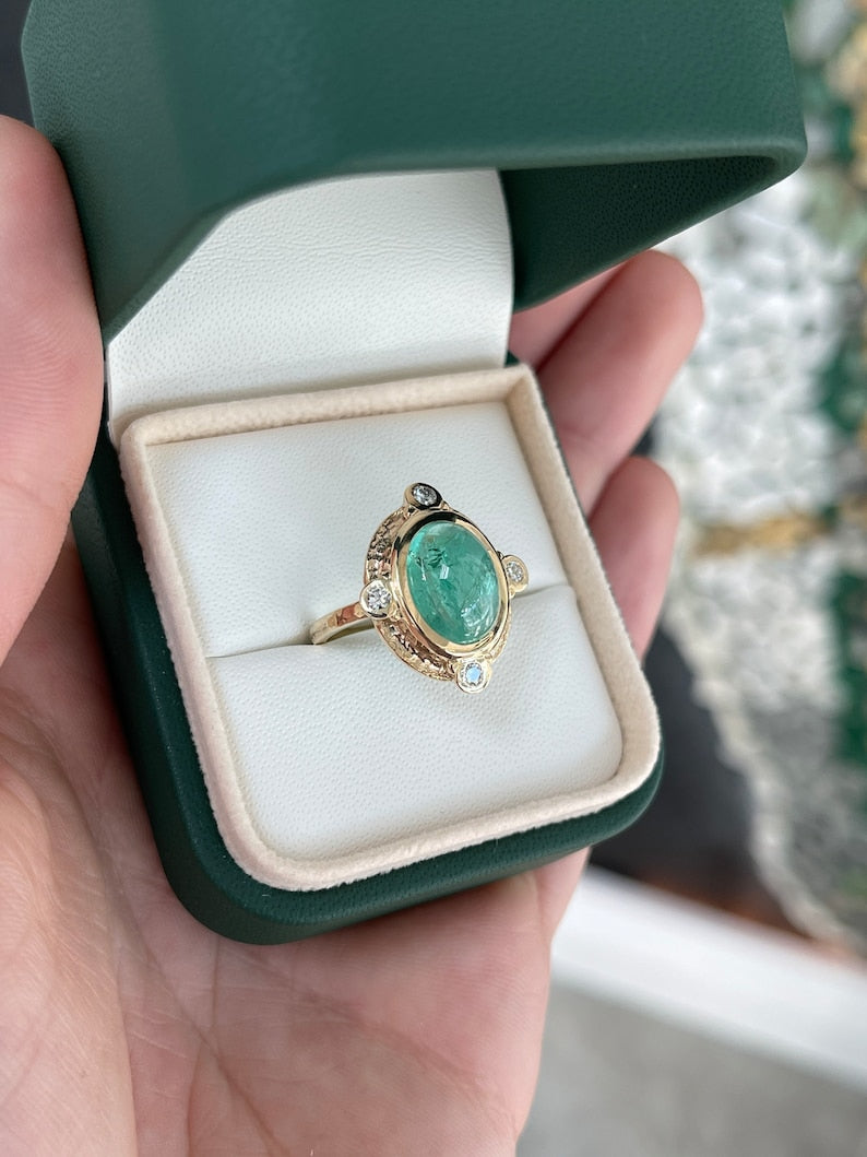 5.45tcw 14K Rare Oval Cabochon Cut Medium Bluish Green Vintage Styled Emerald & Diamond Accent Ring - JR Colombian Emeralds