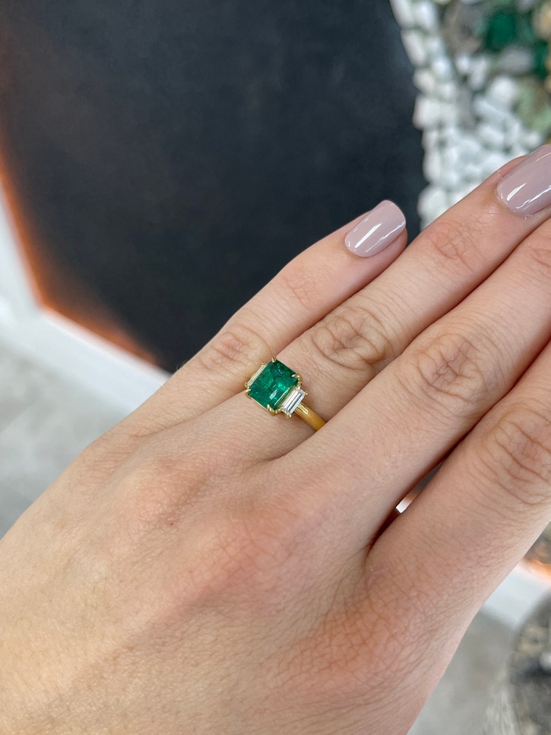 2.52tcw 18K Natural Emerald Cut & Diamond Baguette Fine Quality Dark Green Three Stone Ring - JR Colombian Emeralds