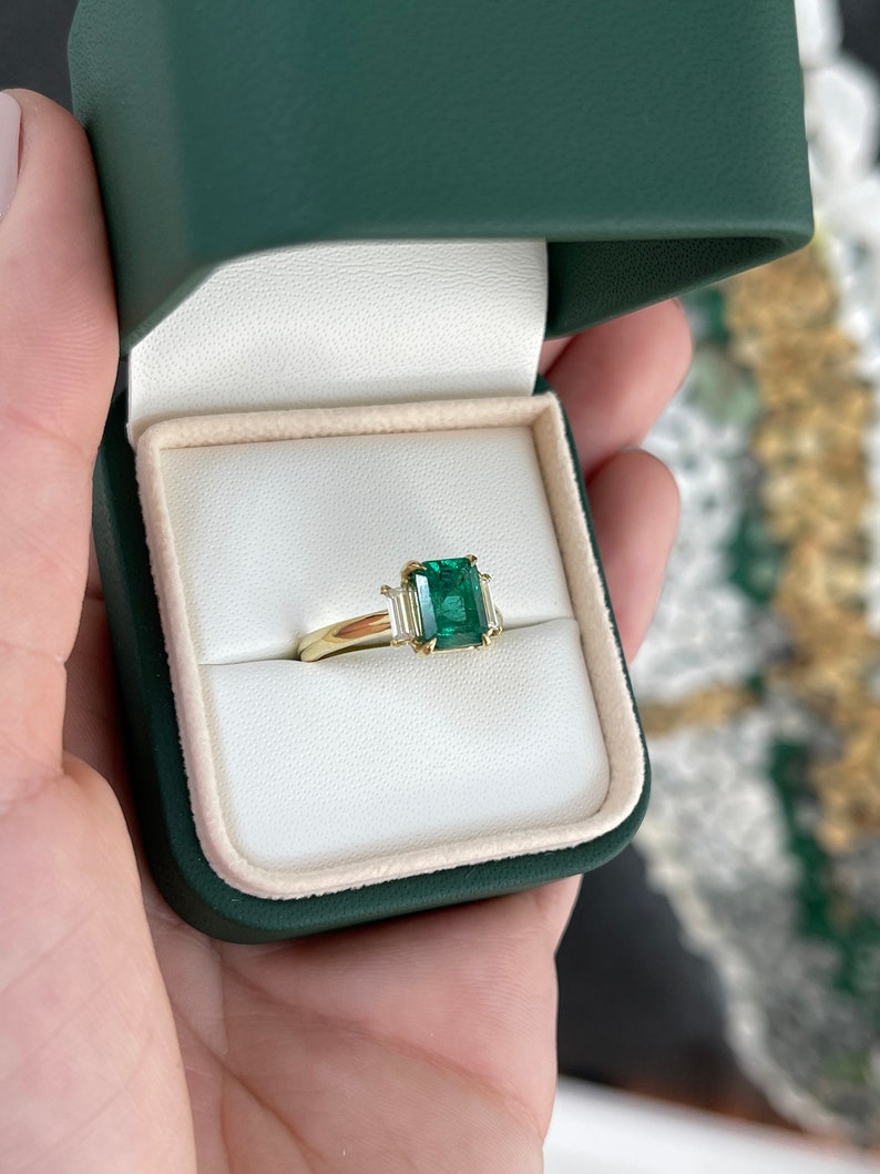 2.52tcw 18K Natural Emerald Cut & Diamond Baguette Fine Quality Dark Green Three Stone Ring - JR Colombian Emeralds