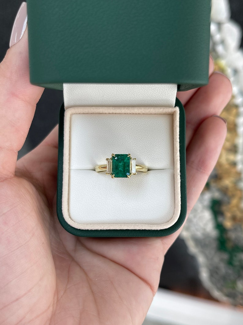 2.52tcw 18K Natural Emerald Cut & Diamond Baguette Fine Quality Dark Green Three Stone Ring - JR Colombian Emeralds