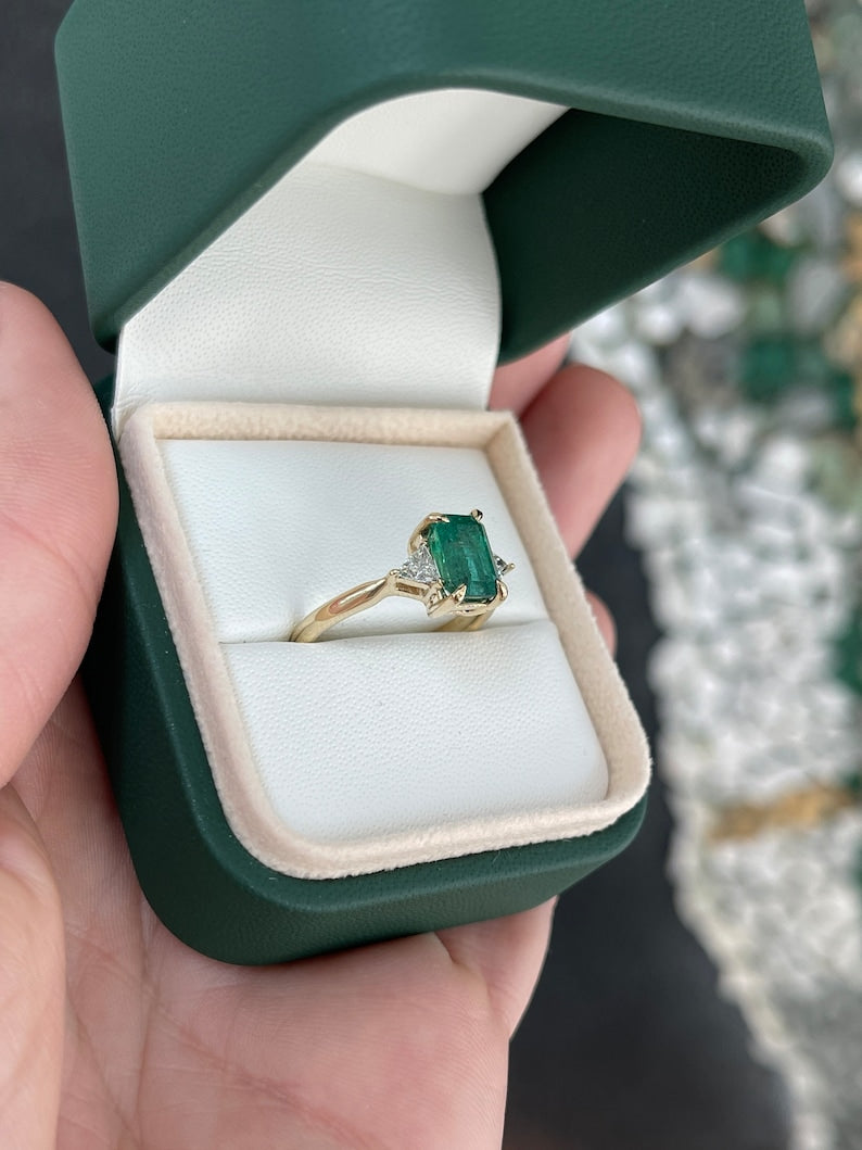 2.76tcw 14K Emerald Trillion Cut & Diamond Three Stone Prong Gold Engagement Ring - JR Colombian Emeralds