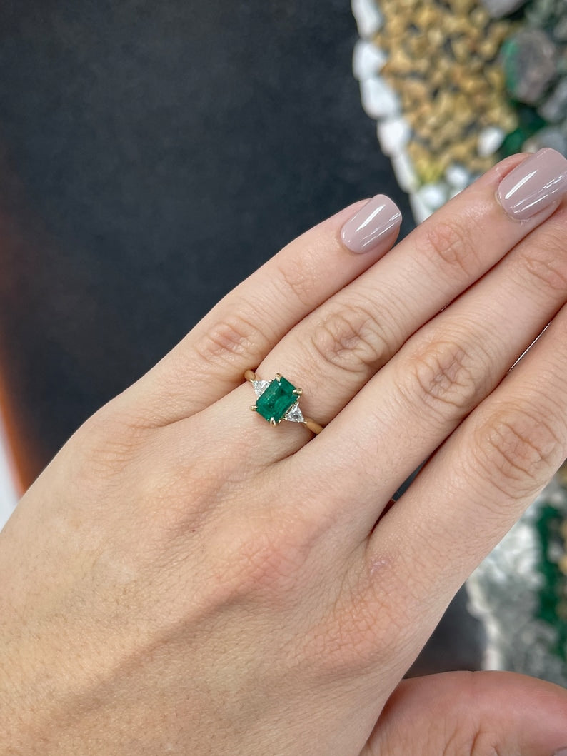 2.76tcw 14K Emerald Trillion Cut & Diamond Three Stone Prong Gold Engagement Ring - JR Colombian Emeralds