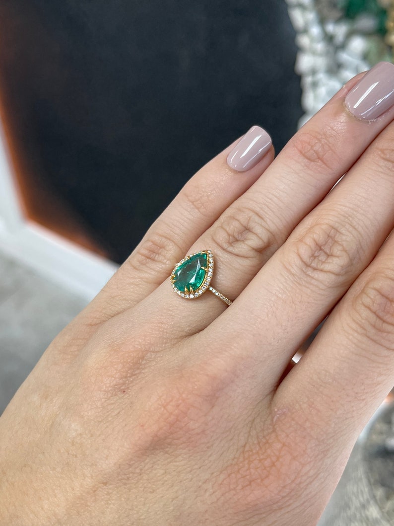 2.23tcw 14K Pear Cut Emerald & Diamond Dark Bluish Green Halo Shank Engagement Ring - JR Colombian Emeralds