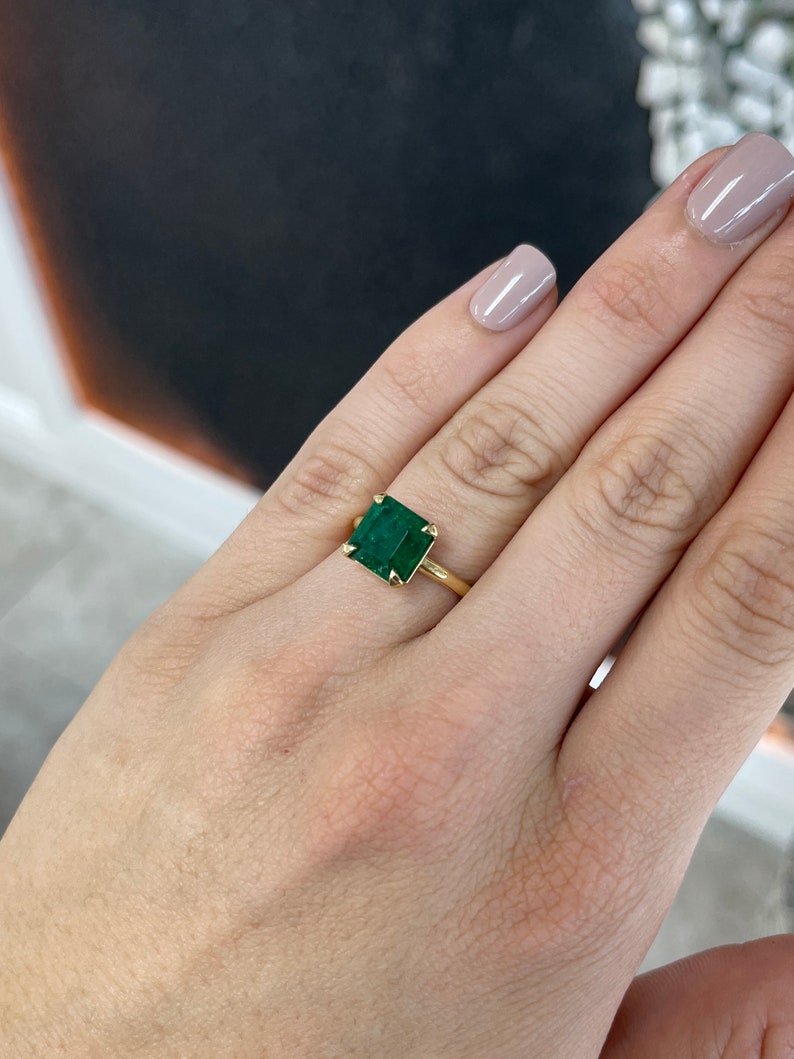 3.85ct 18K Modern Mossy Dark Green Emerald Asscher Cut Solitaire Four Prong Gold Engagement Ring - JR Colombian Emeralds