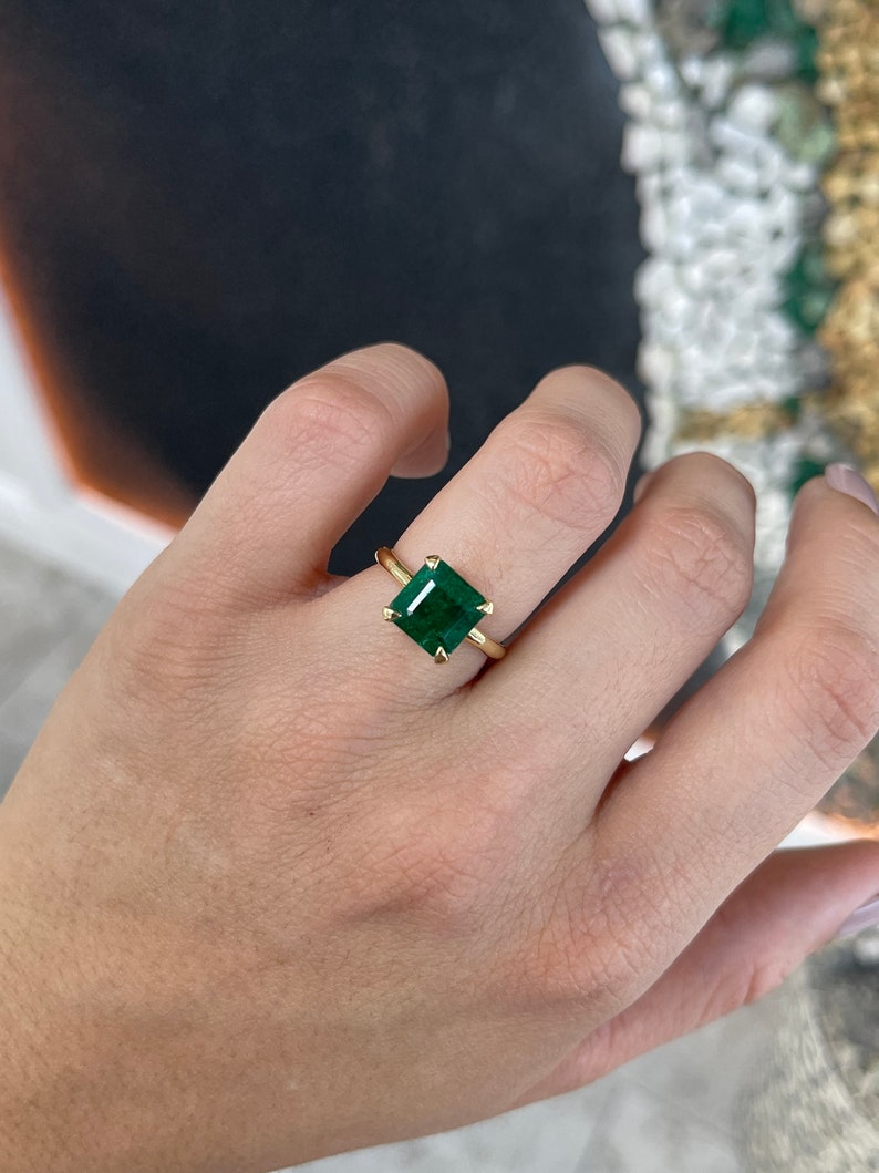 3.85ct 18K Modern Mossy Dark Green Emerald Asscher Cut Solitaire Four Prong Gold Engagement Ring - JR Colombian Emeralds