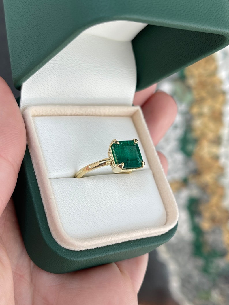 3.85ct 18K Modern Mossy Dark Green Emerald Asscher Cut Solitaire Four Prong Gold Engagement Ring - JR Colombian Emeralds