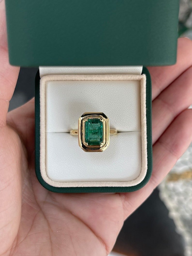 2.77ct 18K Natural Emerald Cut Medium Mossy Green Four Prong Half Bezel Set Solitaire Yellow Gold Engagement Ring - JR Colombian Emeralds