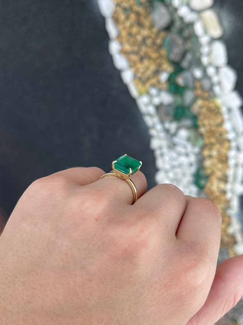 6.26 Carat 18K Large Elongated Emerald Cut Four Prong Dark Mossy Green Solitaire Engagement Ring - JR Colombian Emeralds