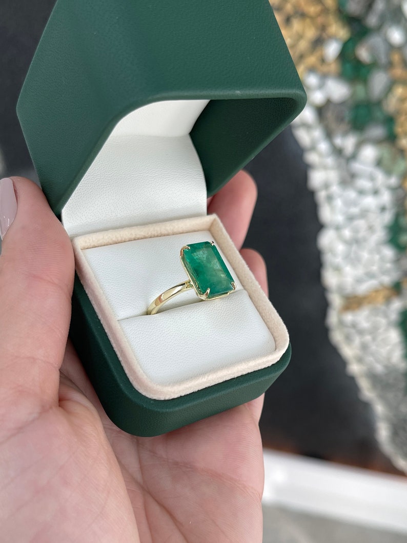 6.26 Carat 18K Large Elongated Emerald Cut Four Prong Dark Mossy Green Solitaire Engagement Ring - JR Colombian Emeralds