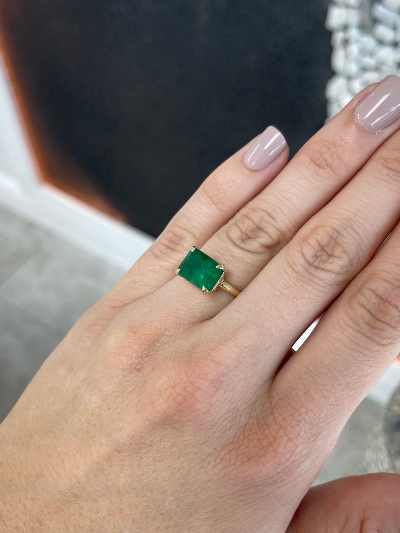 4.50ct 14K Natural Emerald Cut Dark Forest Green East to West Four Prong Solitaire Gold Ring - JR Colombian Emeralds