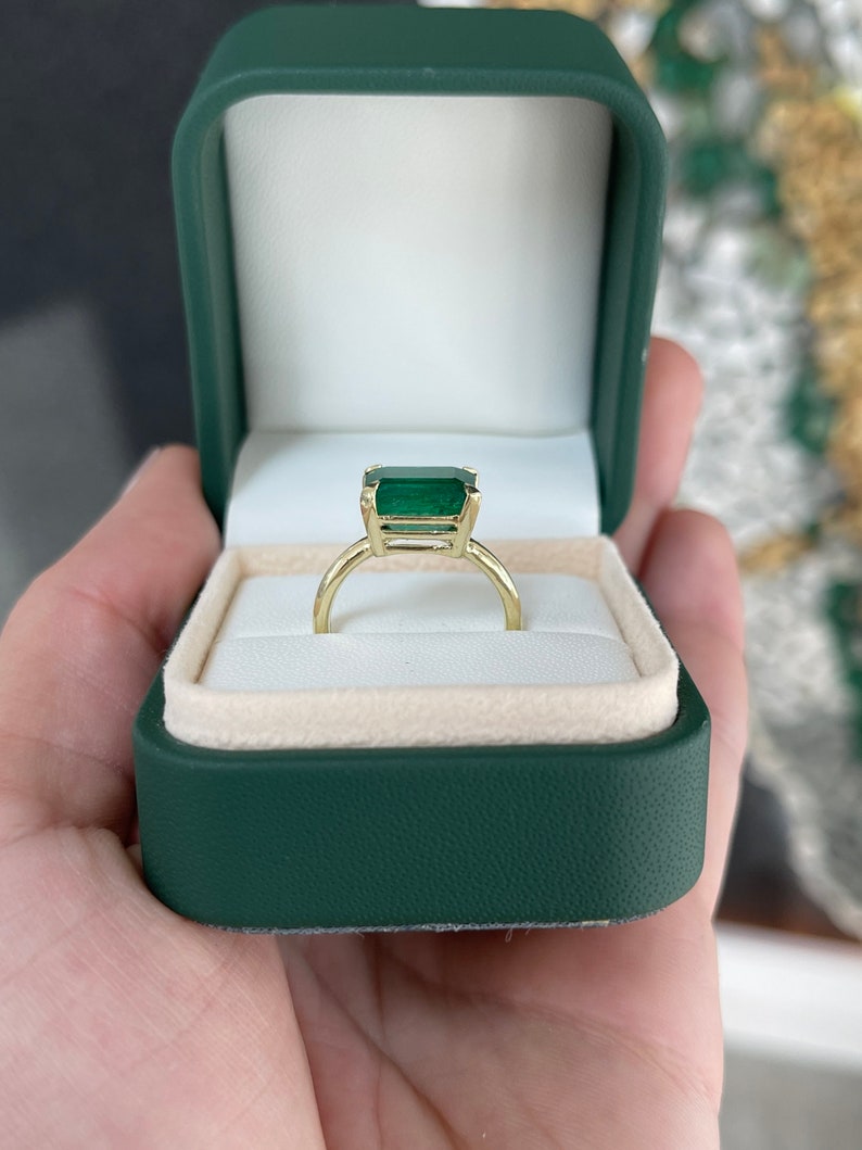 4.50ct 14K Natural Emerald Cut Dark Forest Green East to West Four Prong Solitaire Gold Ring - JR Colombian Emeralds