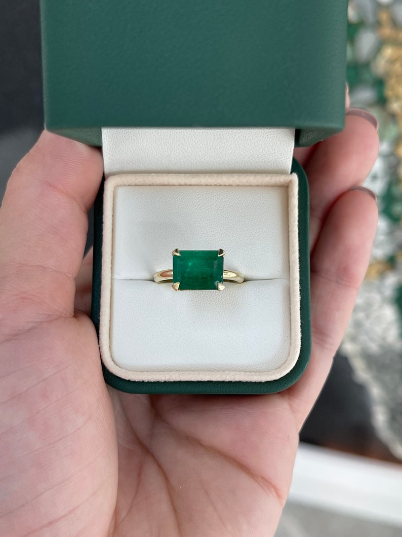 4.50ct 14K Natural Emerald Cut Dark Forest Green East to West Four Prong Solitaire Gold Ring - JR Colombian Emeralds