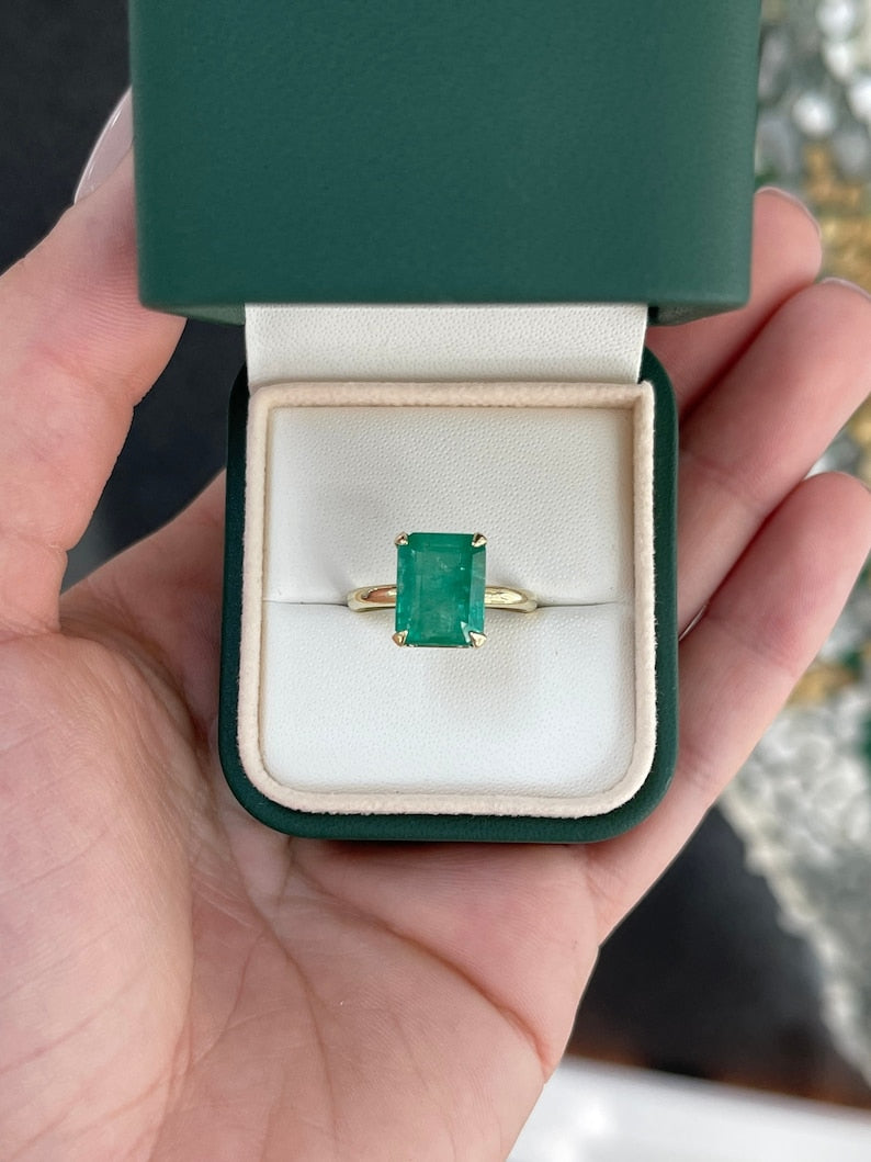 14K Natural Emerald Cut Emerald Solitaire Gold Ring