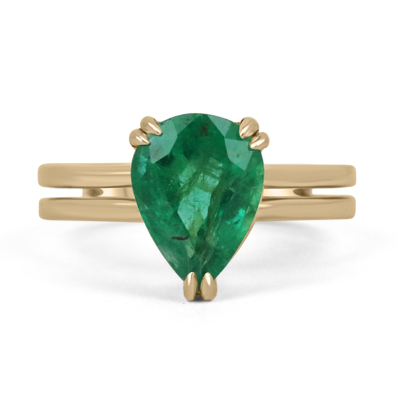 2.90ct 18K Emerald Pear Cut Medium Dark Yellowish Green Double Claw Prong Setting Solitaire Split Shank Gold Ring