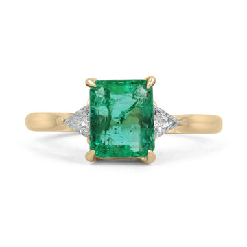 Emerald Cut Trillion Diamond Prong Set Dark Green 3 Stone Ring