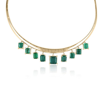 21.55tcw 14K Dark Green Multi-Emerald Statement Gold Omega Chain Necklace