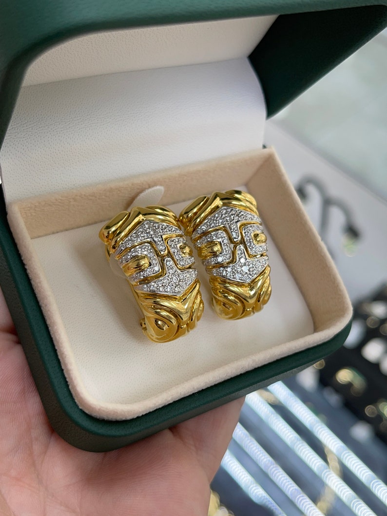 1.55tcw 18K Natural VVS Diamond Statement Solid Pave Set Yellow Gold Omega Earrings - JR Colombian Emeralds