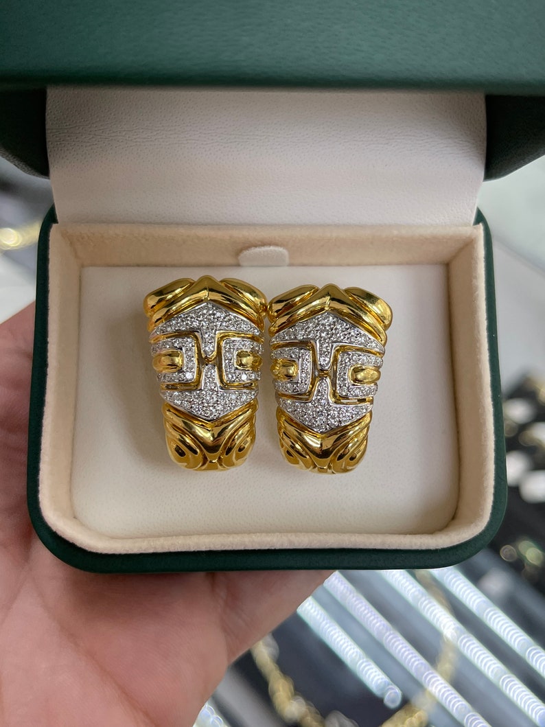 1.55tcw 18K Natural VVS Diamond Statement Solid Pave Set Yellow Gold Omega Earrings - JR Colombian Emeralds