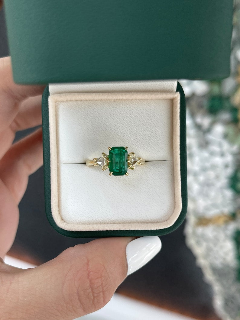 3.05tcw 18K Gold Three Stone Vintage Emerald & Trillion Cut Diamond Ring