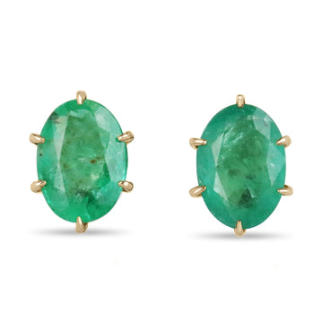 4.78tcw 18K Gold 6 Prong Green Oval Emerald Solitaire Stud Earrings