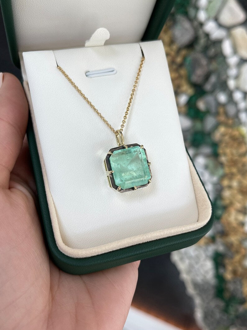 16.40ct 14K Large Emerald Georgian Styled Solitaire Pendant Necklace