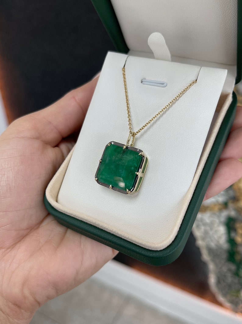 17.50ct 14K Gold Large Deep Green Emerald Georgian Styled Solitaire Pendant Necklace - JR Colombian Emeralds