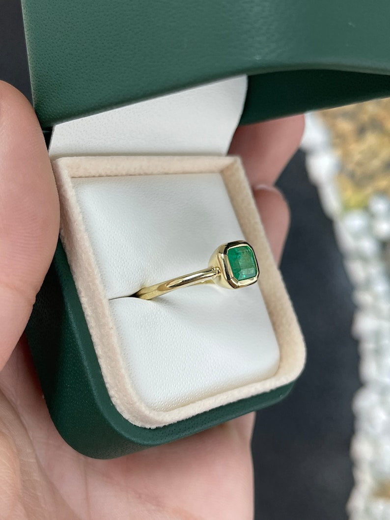 1.20ct 18K Gold Natural Emerald Cut Solitaire Bezel Engagement Ring - JR Colombian Emeralds