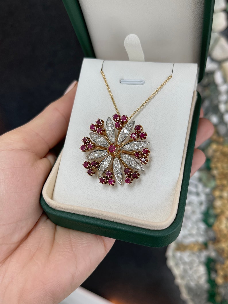 4.84tcw 14K Vintage Victorian 1980's Old Mine Ruby Emerald Diamond Brooch in Solid Gold Pendant