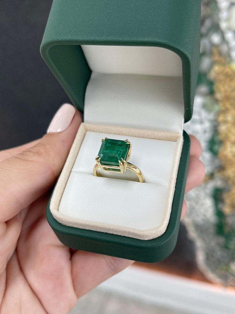 7.0ct Natural Asscher Cut Emerald Solitaire 18K Gold Engagement Ring - JR Colombian Emeralds