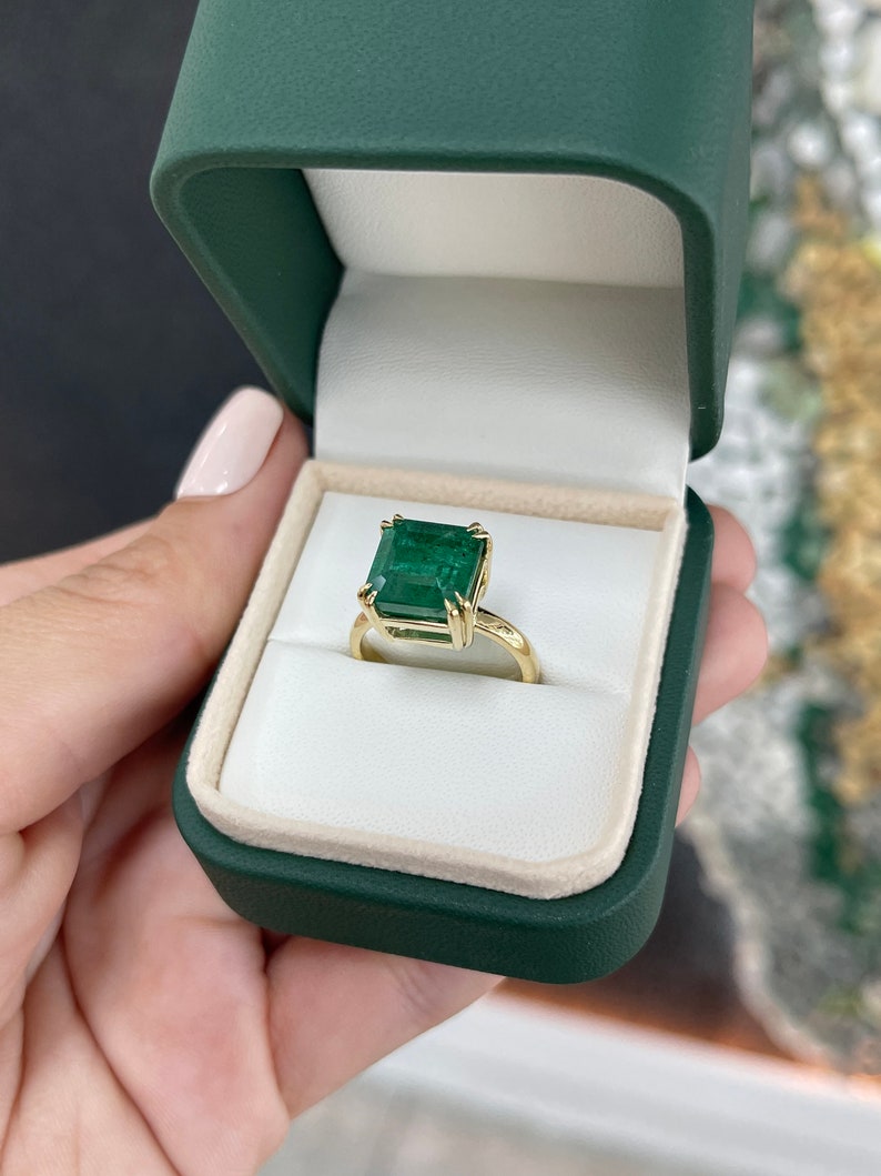 7.0ct Natural Asscher Cut Emerald Solitaire 18K Gold Engagement Ring