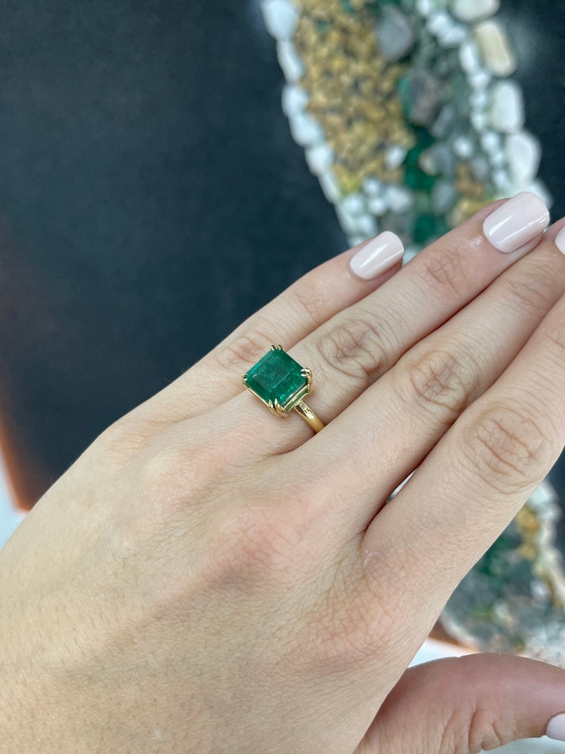 7.0ct Natural Asscher Cut Emerald Solitaire 18K Gold Engagement Ring - JR Colombian Emeralds