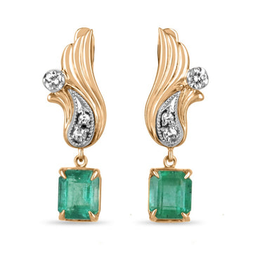 Emerald & Diamond Dangle Pink Rose Gold Earrings