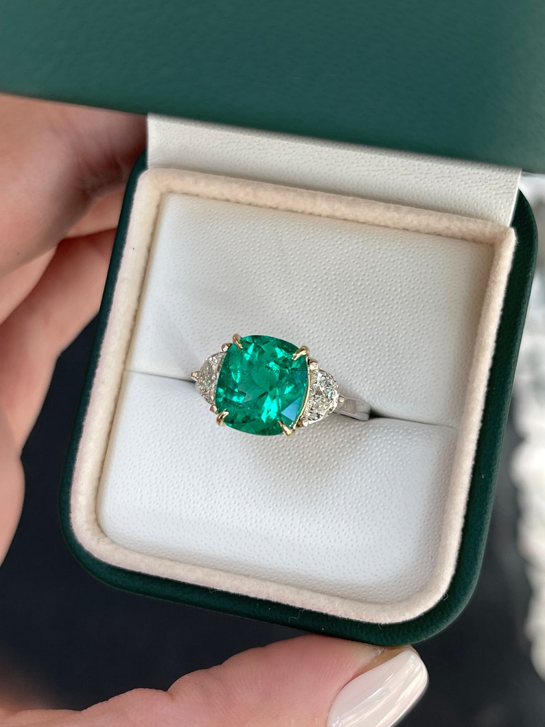 4.77tcw GIA Certified 18K AAA+ Two Toned Fine Quality Cushion Cut Emerald & Half Moon Diamond 3 Stone Engagement Ring