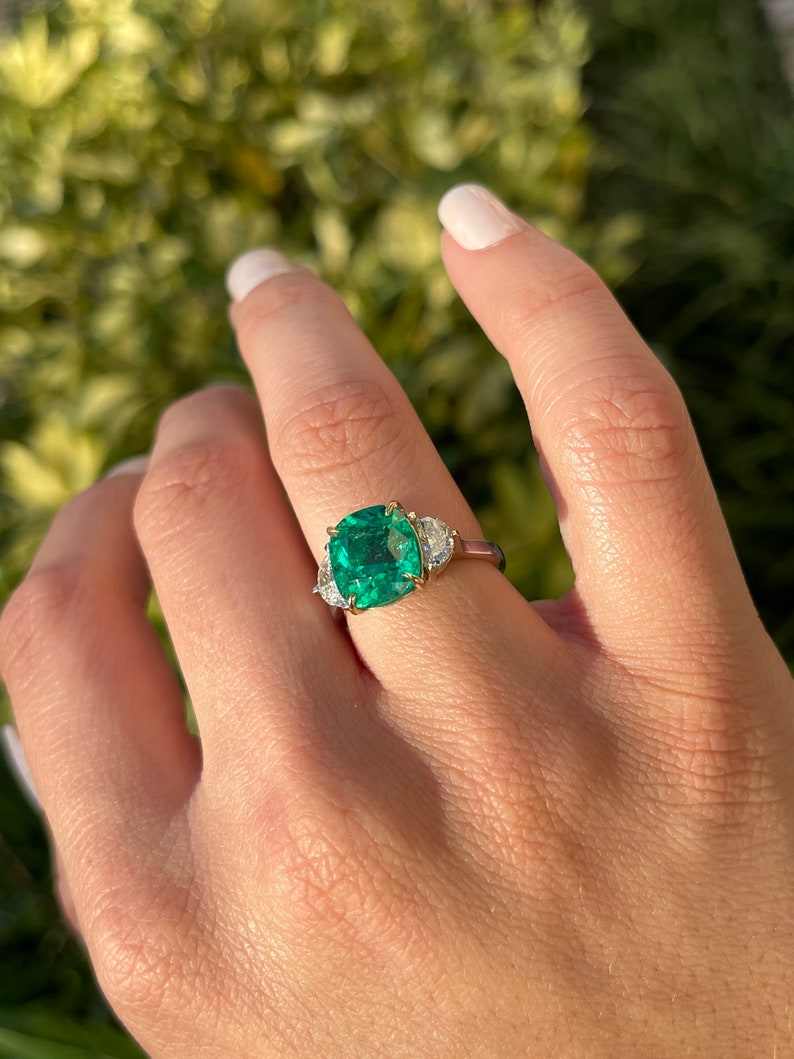 4.77tcw GIA Certified 18K AAA+ Two Toned Fine Quality Cushion Cut Emerald & Half Moon Diamond 3 Stone Engagement Ring - JR Colombian Emeralds