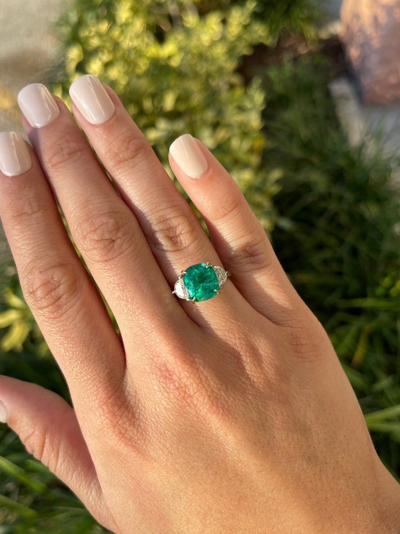 Cushion Cut Emerald & Half Moon Diamond 3 Stone Engagement Ring