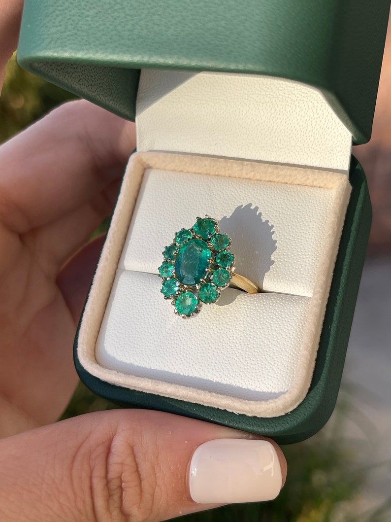 2.40tcw 18K Gold Oval Cut Emerald & Round Halo Art Statement Deco Ring - JR Colombian Emeralds