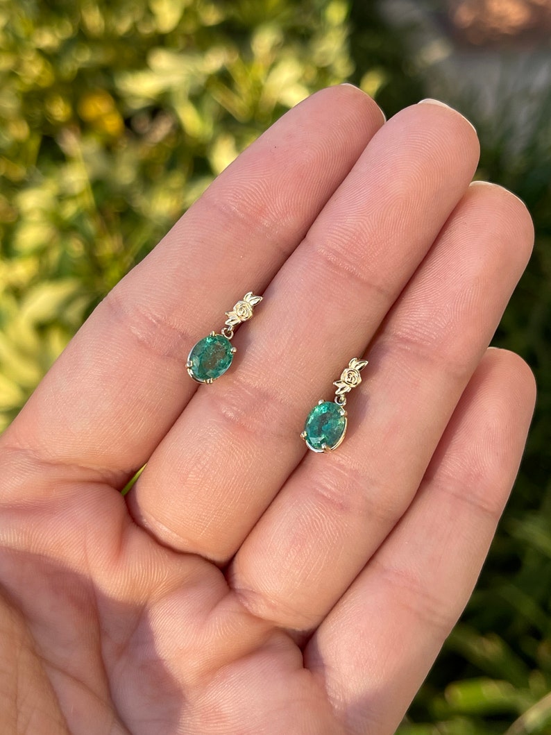 2.0tcw 14K Gold Rose Green Natural Oval Cut Emerald Dangle Floral Earrings - JR Colombian Emeralds