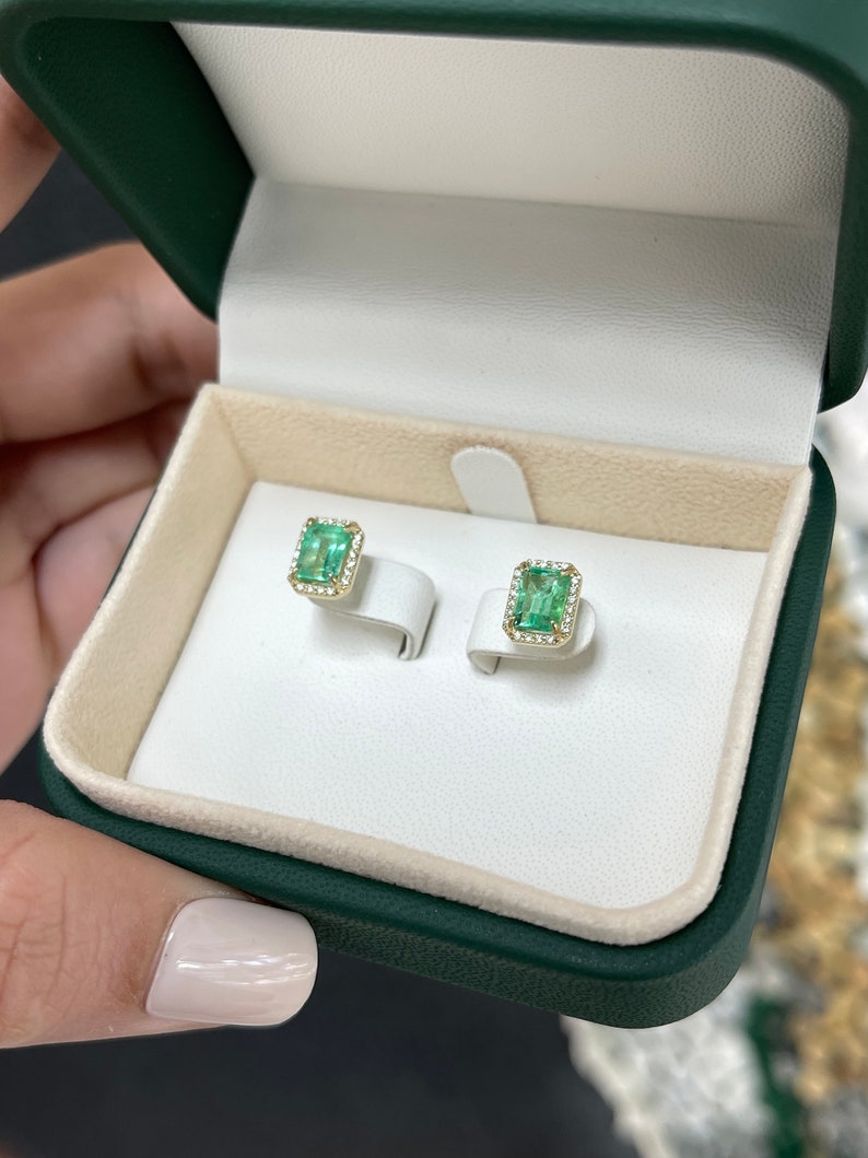 2.10tcw 14K Classic Natural 9x7 Emerald Cut Diamond Halo Stud Earrings - JR Colombian Emeralds