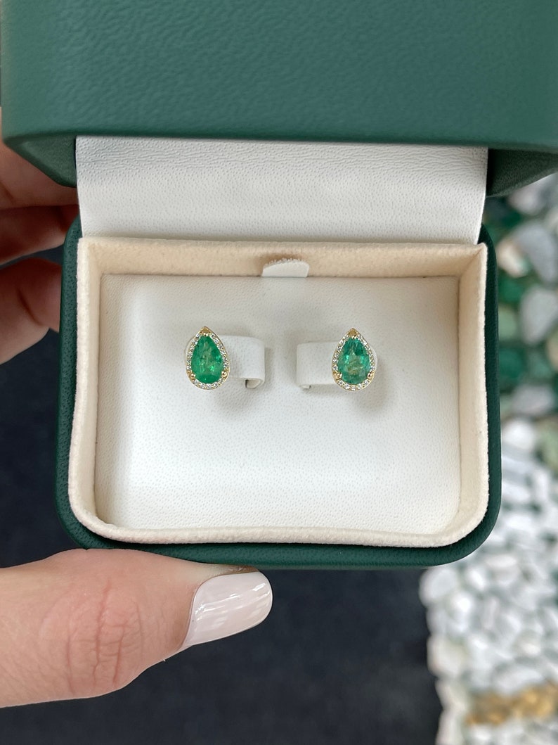 1.87tcw 14K Yellow Gold Teardrop Pear 10x7 Emerald & Diamond Pave Halo Earrings - JR Colombian Emeralds