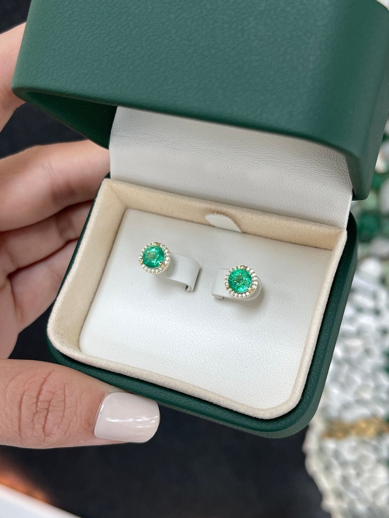 2.32tcw 14K Gold 8.5mm Round Emerald & Diamond Halo Stud Earrings - JR Colombian Emeralds