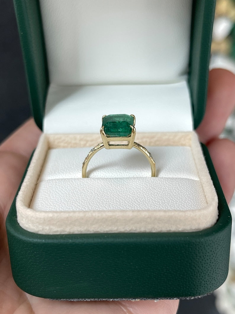 2.68tcw 14K Gold Dark Emerald & Sprinkled Diamond Accent Engagement Ring - JR Colombian Emeralds